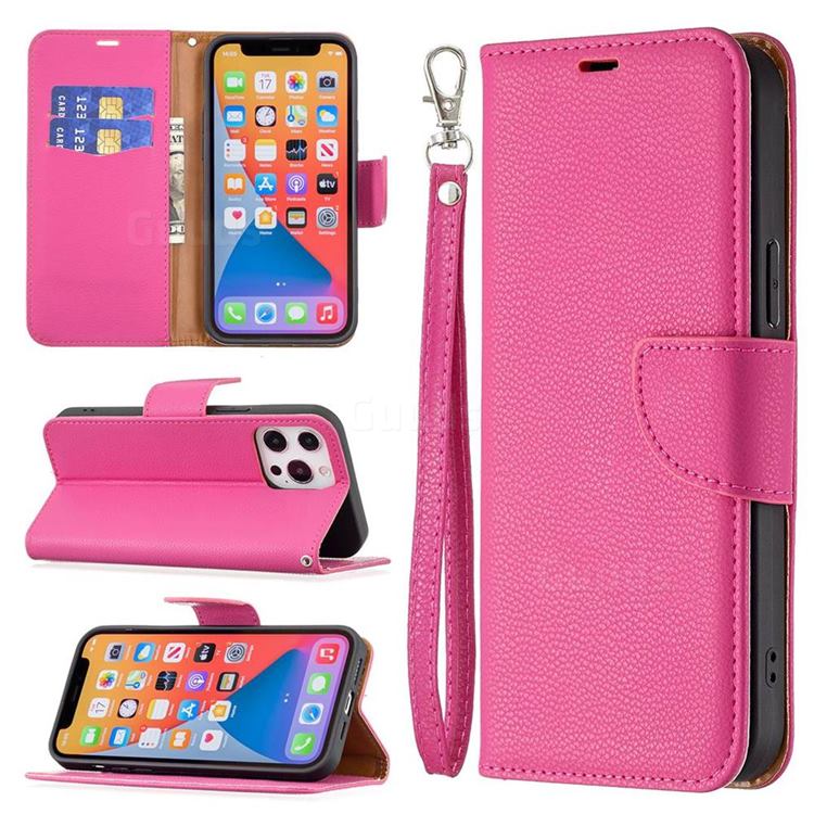 Classic Luxury Litchi Leather Phone Wallet Case for iPhone 13 Pro Max (6.7 inch) - Rose