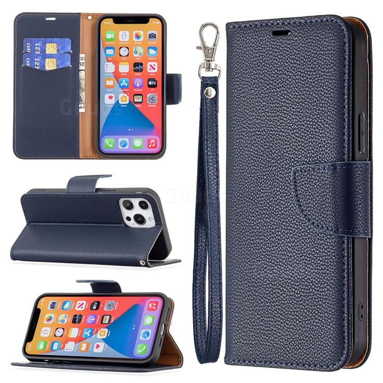 Classic Luxury Litchi Leather Phone Wallet Case for iPhone 13 Pro Max (6.7 inch) - Blue