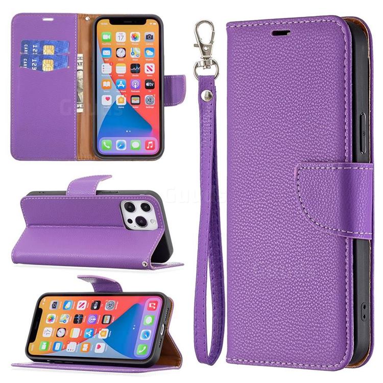 Classic Luxury Litchi Leather Phone Wallet Case for iPhone 13 Pro Max (6.7 inch) - Purple