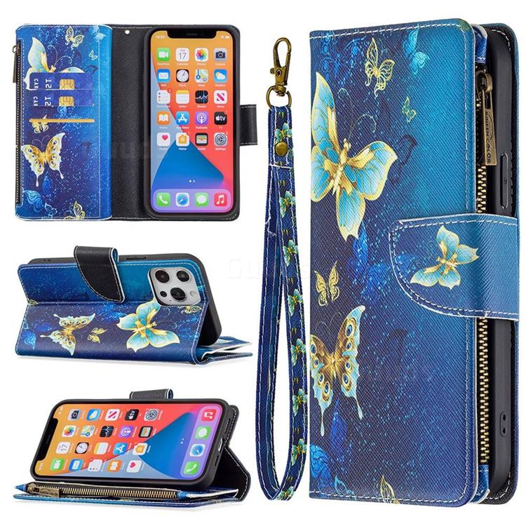 Golden Butterflies Binfen Color BF03 Retro Zipper Leather Wallet Phone Case for iPhone 13 Pro Max (6.7 inch)