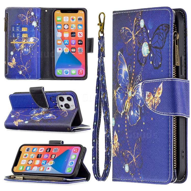 Purple Butterfly Binfen Color BF03 Retro Zipper Leather Wallet Phone Case for iPhone 13 Pro Max (6.7 inch)