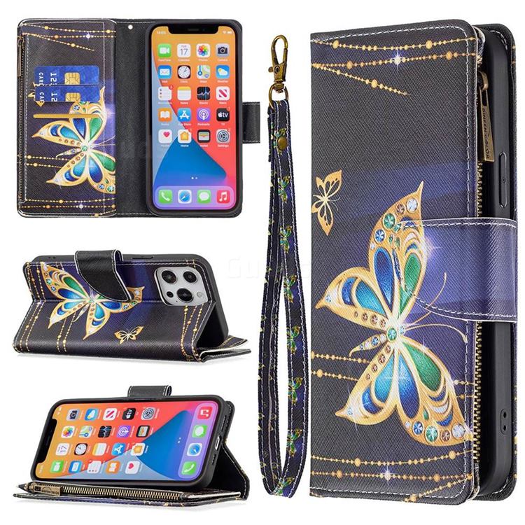 Golden Shining Butterfly Binfen Color BF03 Retro Zipper Leather Wallet Phone Case for iPhone 13 Pro Max (6.7 inch)