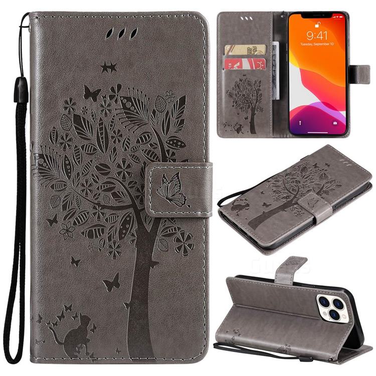 Embossing Butterfly Tree Leather Wallet Case for iPhone 13 Pro Max (6.7 inch) - Grey