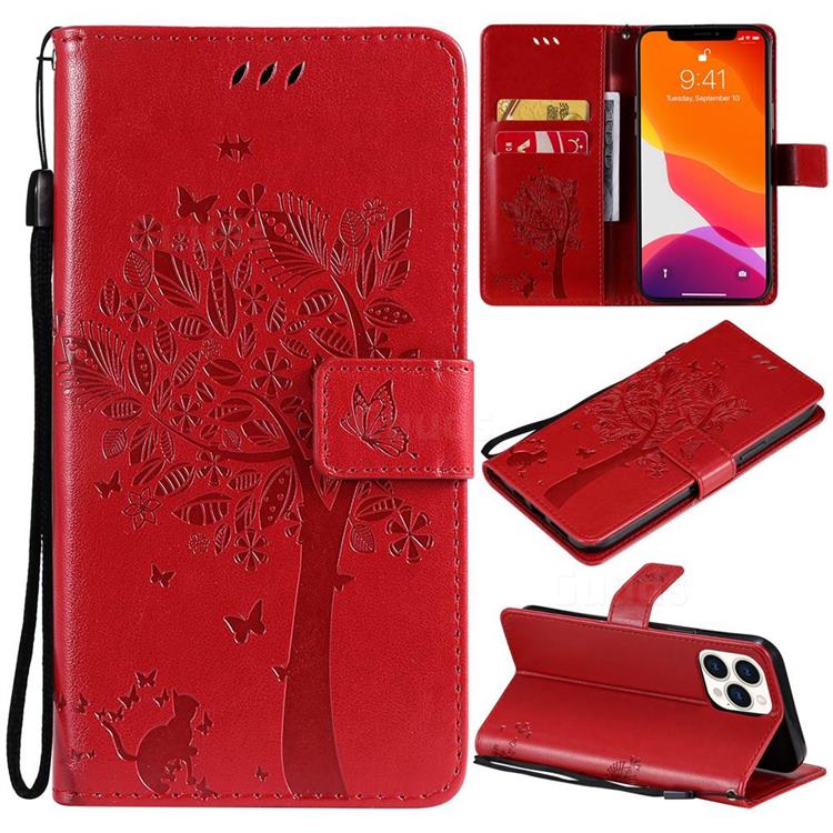 Embossing Butterfly Tree Leather Wallet Case for iPhone 13 Pro Max (6.7 inch) - Red