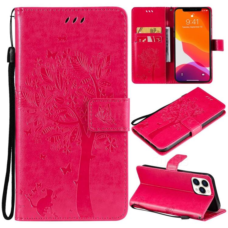 Embossing Butterfly Tree Leather Wallet Case for iPhone 13 Pro Max (6.7 inch) - Rose