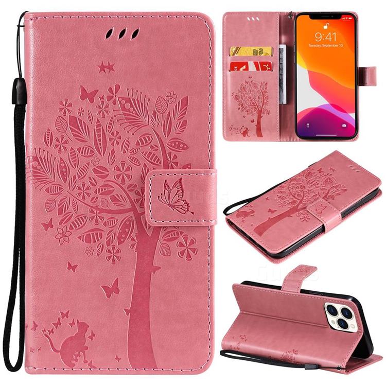 Embossing Butterfly Tree Leather Wallet Case for iPhone 13 Pro Max (6.7 inch) - Pink