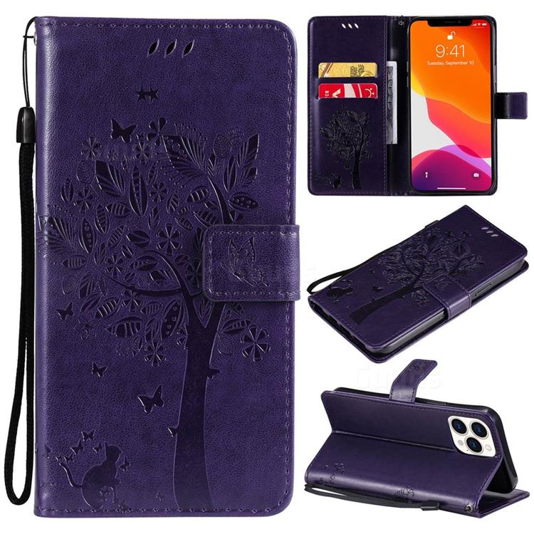 Embossing Butterfly Tree Leather Wallet Case for iPhone 13 Pro Max (6.7 inch) - Purple