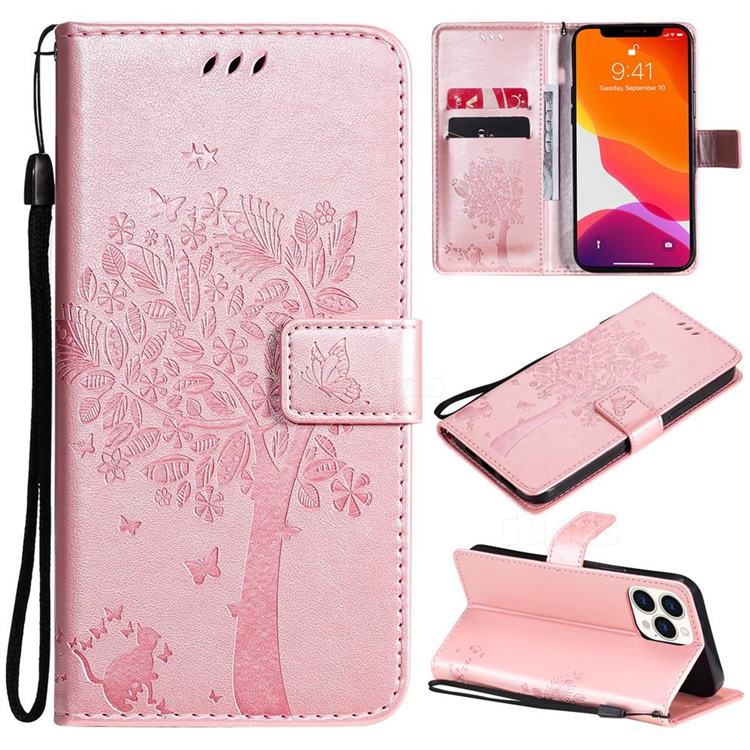 Embossing Butterfly Tree Leather Wallet Case for iPhone 13 Pro Max (6.7 inch) - Rose Pink