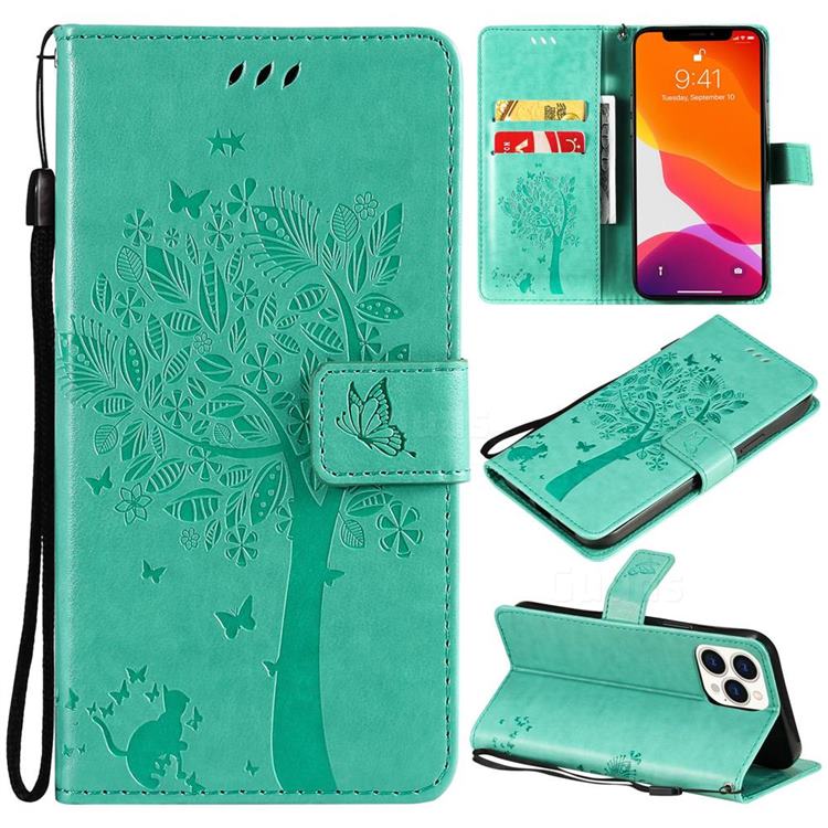 Embossing Butterfly Tree Leather Wallet Case for iPhone 13 Pro Max (6.7 inch) - Cyan