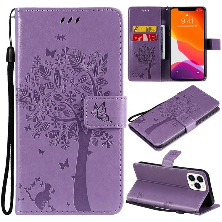 Embossing Butterfly Tree Leather Wallet Case for iPhone 13 Pro Max (6.7 inch) - Violet