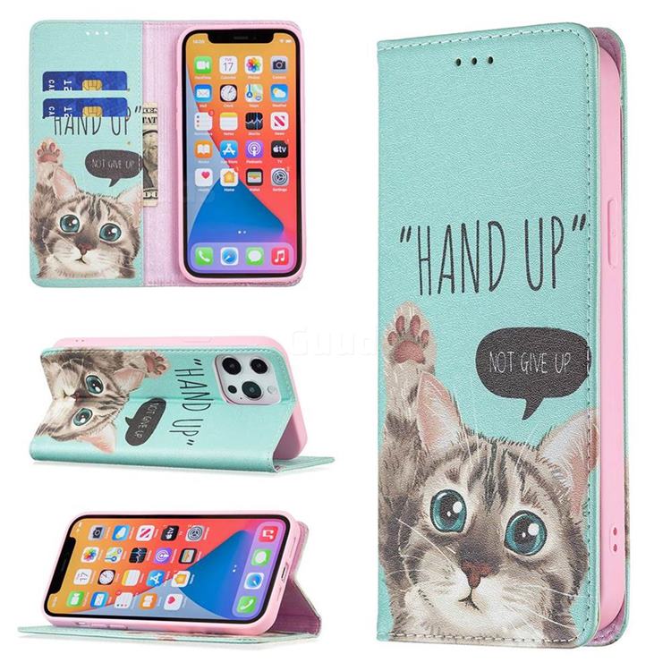 Hand Up Cat Slim Magnetic Attraction Wallet Flip Cover for iPhone 13 Pro Max (6.7 inch)