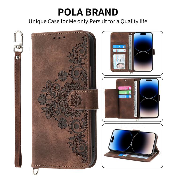 Skin Feel Embossed Lace Flower Multiple Card Slots Leather Wallet Phone Case for iPhone 13 Pro Max (6.7 inch) - Brown