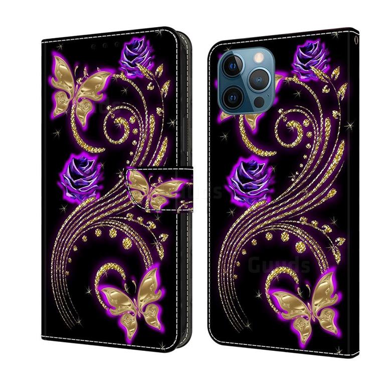 Purple Flower Butterfly Crystal PU Leather Protective Wallet Case Cover for iPhone 13 Pro Max (6.7 inch)