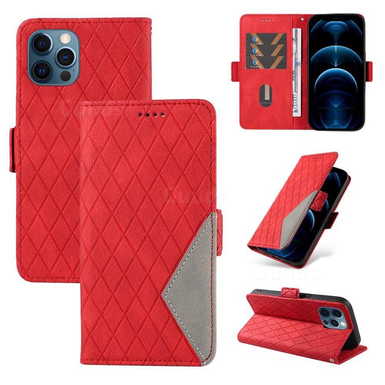 Grid Pattern Splicing Protective Wallet Case Cover for iPhone 13 Pro Max (6.7 inch) - Red