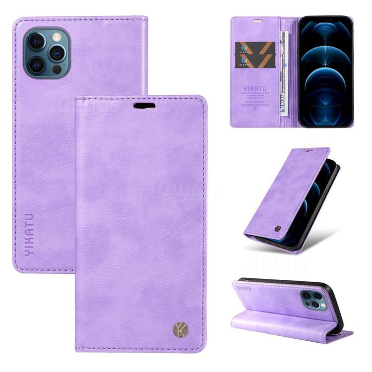 YIKATU Litchi Card Magnetic Automatic Suction Leather Flip Cover for iPhone 13 Pro Max (6.7 inch) - Purple