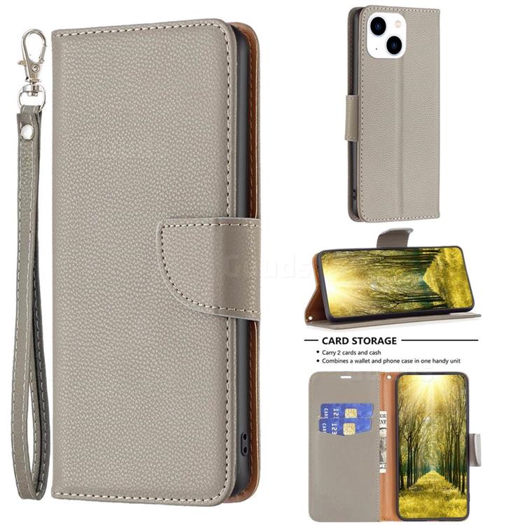 Classic Luxury Litchi Leather Phone Wallet Case for iPhone 14 (6.1 inch) - Gray