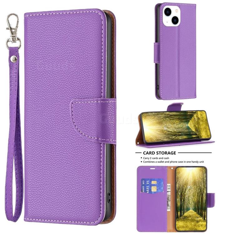 Classic Luxury Litchi Leather Phone Wallet Case for iPhone 14 (6.1 inch) - Purple
