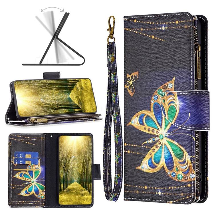 Golden Shining Butterfly Binfen Color BF03 Retro Zipper Leather Wallet Phone Case for iPhone 14 (6.1 inch)