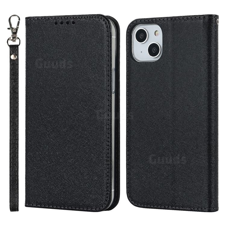 Ultra Slim Magnetic Automatic Suction Silk Lanyard Leather Flip Cover for iPhone 14 (6.1 inch) - Black