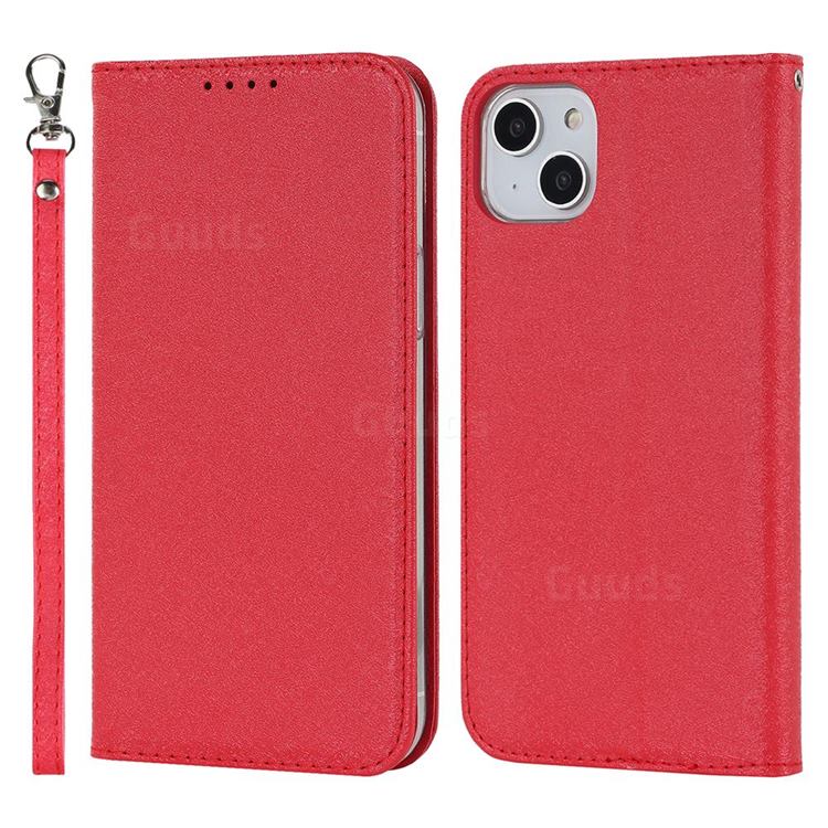 Ultra Slim Magnetic Automatic Suction Silk Lanyard Leather Flip Cover for iPhone 14 (6.1 inch) - Red