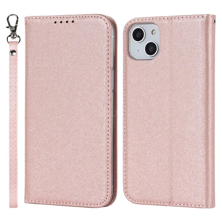 Ultra Slim Magnetic Automatic Suction Silk Lanyard Leather Flip Cover for iPhone 14 (6.1 inch) - Rose Gold