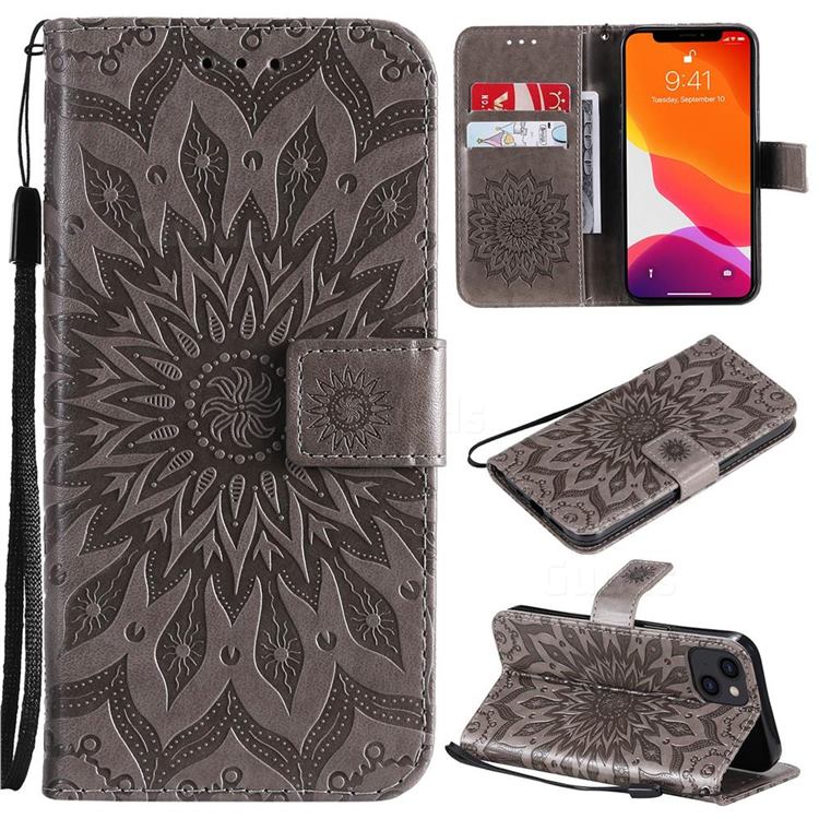 Embossing Sunflower Leather Wallet Case for iPhone 14 (6.1 inch) - Gray
