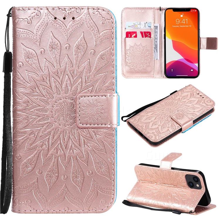 Embossing Sunflower Leather Wallet Case for iPhone 14 (6.1 inch) - Rose Gold