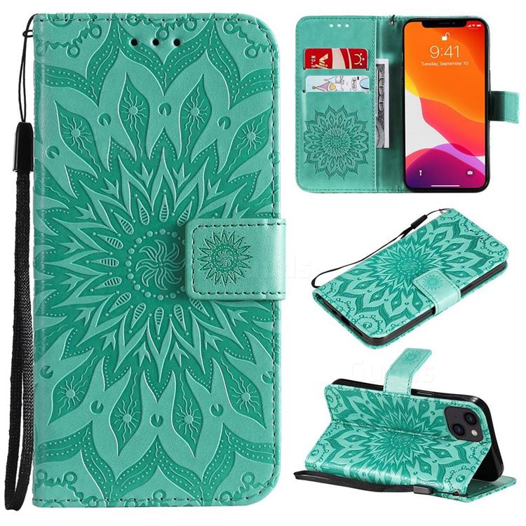 Embossing Sunflower Leather Wallet Case for iPhone 14 (6.1 inch) - Green