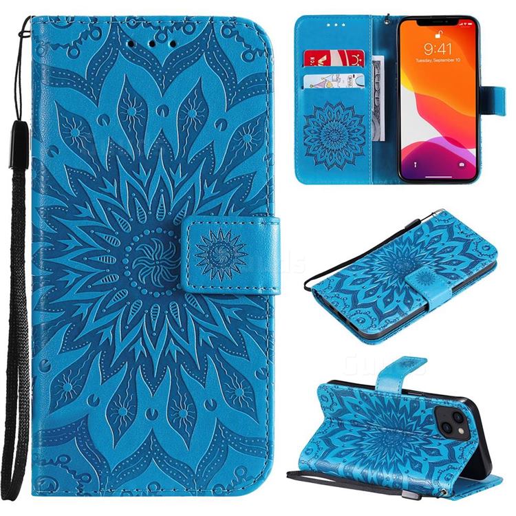 Embossing Sunflower Leather Wallet Case for iPhone 14 (6.1 inch) - Blue
