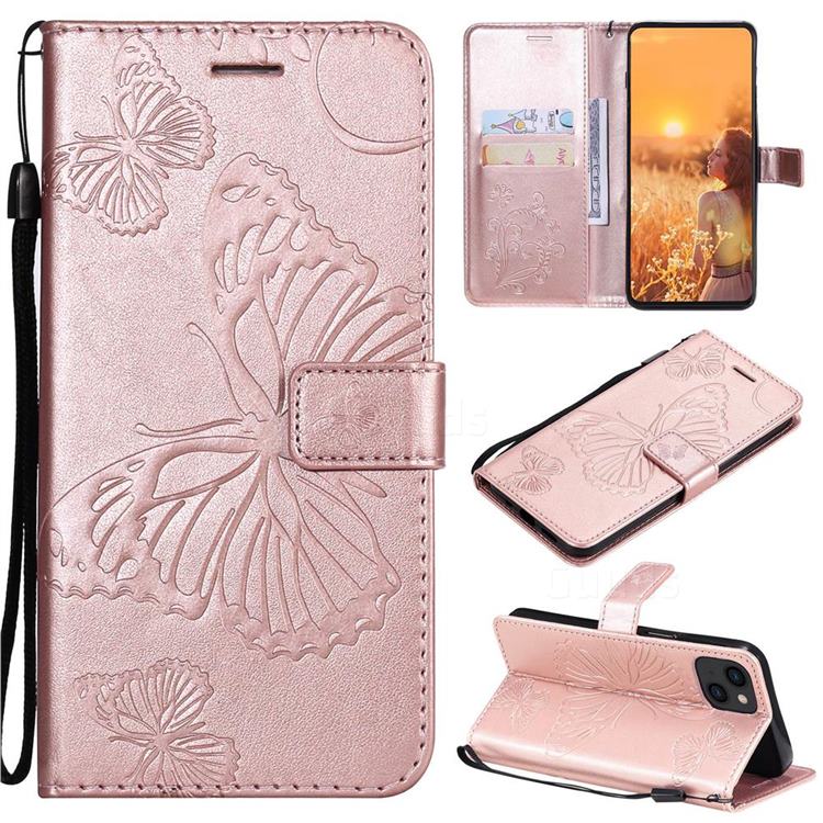 Embossing 3D Butterfly Leather Wallet Case for iPhone 14 (6.1 inch) - Rose Gold