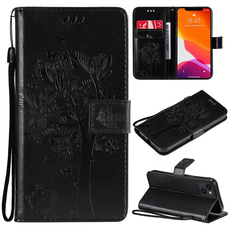 Embossing Butterfly Tree Leather Wallet Case for iPhone 14 (6.1 inch) - Black
