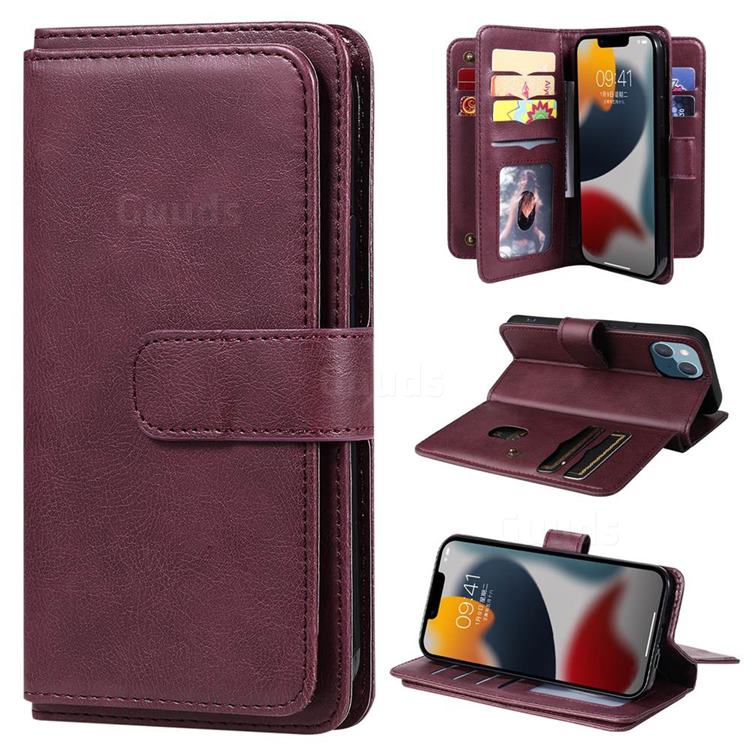 Multi-function Ten Card Slots and Photo Frame PU Leather Wallet Phone Case Cover for iPhone 14 (6.1 inch) - Claret