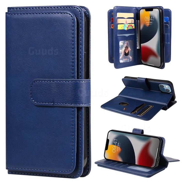 Multi-function Ten Card Slots and Photo Frame PU Leather Wallet Phone Case Cover for iPhone 14 (6.1 inch) - Dark Blue
