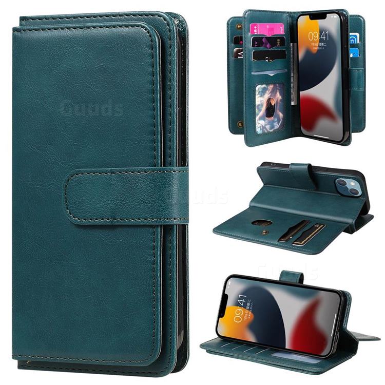 Multi-function Ten Card Slots and Photo Frame PU Leather Wallet Phone Case Cover for iPhone 14 (6.1 inch) - Dark Green