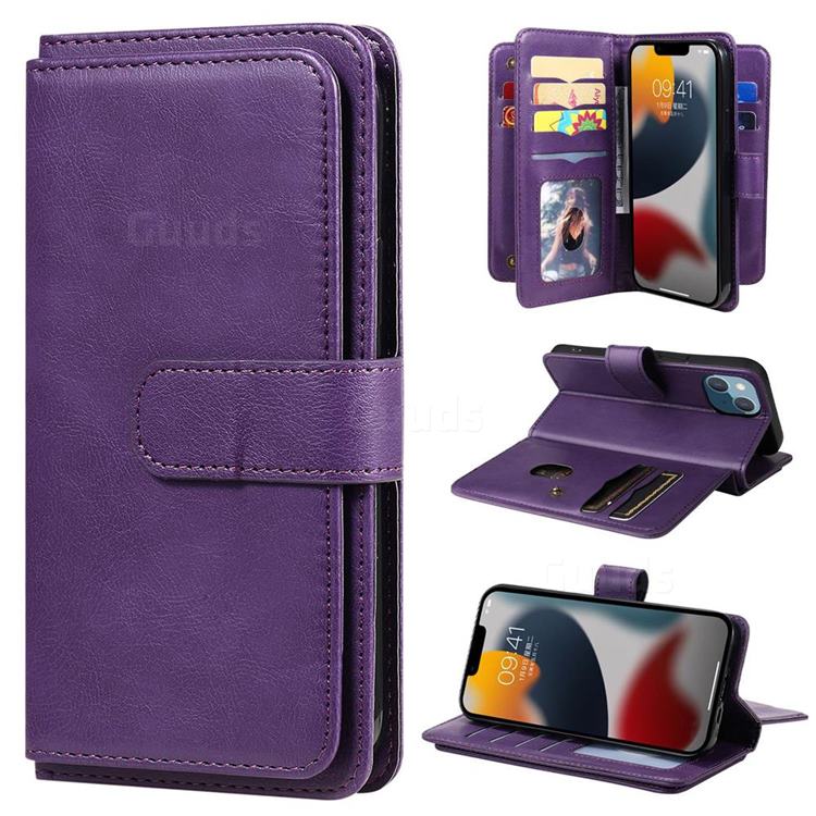 Multi-function Ten Card Slots and Photo Frame PU Leather Wallet Phone Case Cover for iPhone 14 (6.1 inch) - Violet
