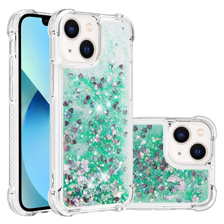 Dynamic Liquid Glitter Sand Quicksand TPU Case for iPhone 14 (6.1 inch) - Green Love Heart