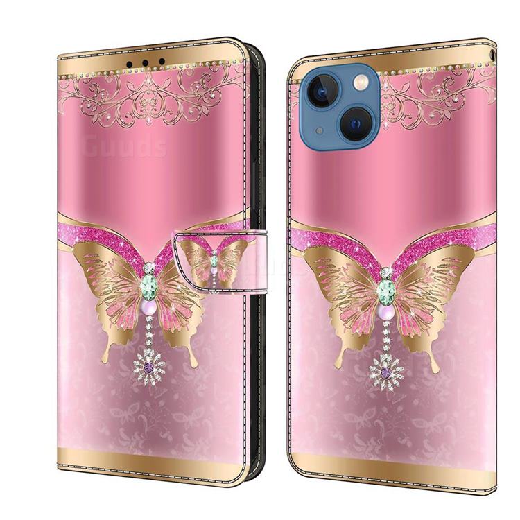Pink Diamond Butterfly Crystal PU Leather Protective Wallet Case Cover for iPhone 14 (6.1 inch)