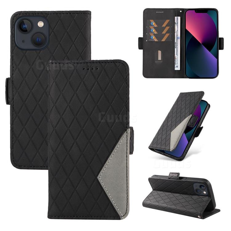 Grid Pattern Splicing Protective Wallet Case Cover for iPhone 14 (6.1 inch) - Black