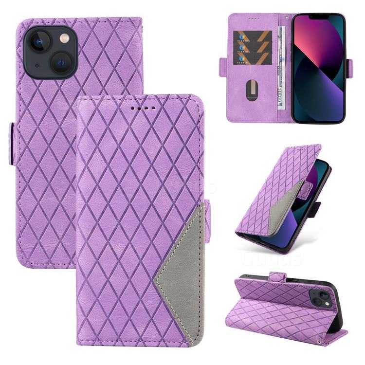 Grid Pattern Splicing Protective Wallet Case Cover for iPhone 14 (6.1 inch) - Purple