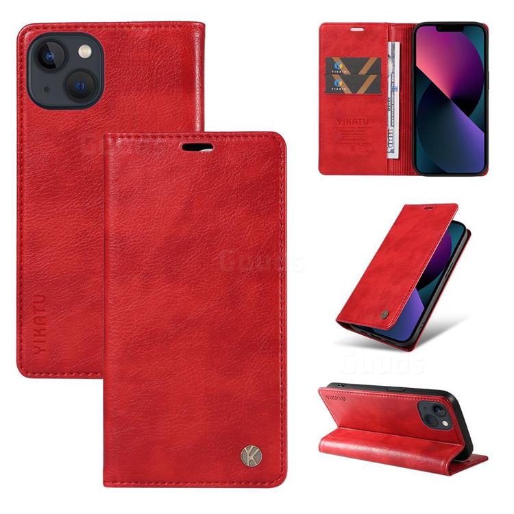 YIKATU Litchi Card Magnetic Automatic Suction Leather Flip Cover for iPhone 14 (6.1 inch) - Bright Red