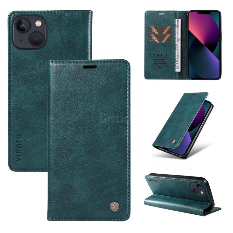 YIKATU Litchi Card Magnetic Automatic Suction Leather Flip Cover for iPhone 14 (6.1 inch) - Dark Blue
