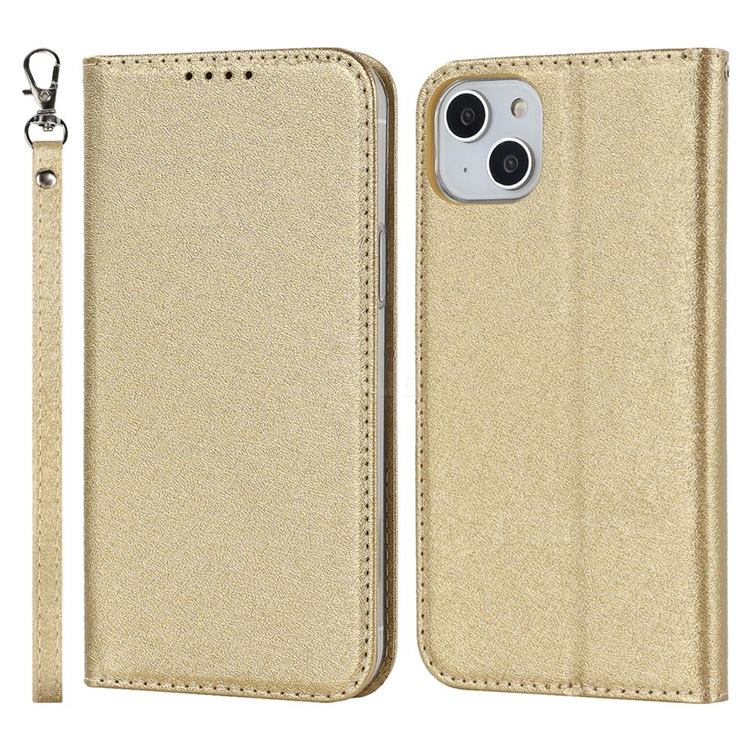 Ultra Slim Magnetic Automatic Suction Silk Lanyard Leather Flip Cover for iPhone 14 Max (6.7 inch) - Golden
