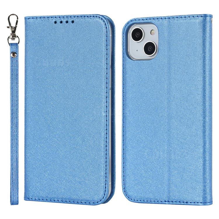 Ultra Slim Magnetic Automatic Suction Silk Lanyard Leather Flip Cover for iPhone 14 Max (6.7 inch) - Sky Blue