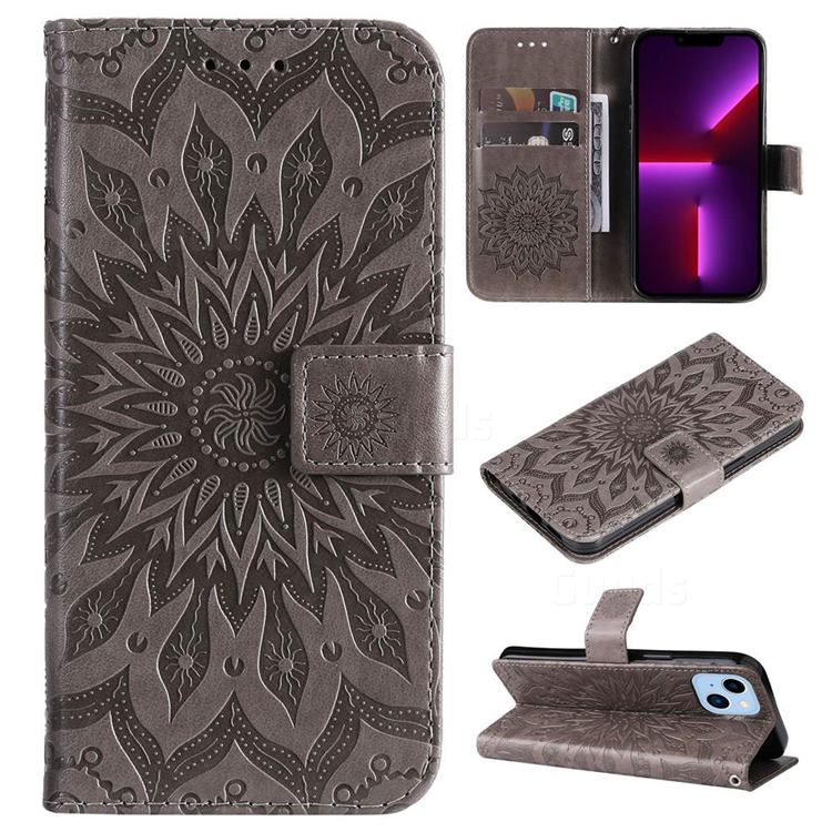 Embossing Sunflower Leather Wallet Case for iPhone 14 Max (6.7 inch) - Gray