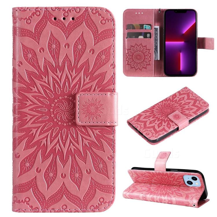 Embossing Sunflower Leather Wallet Case for iPhone 14 Max (6.7 inch) - Pink