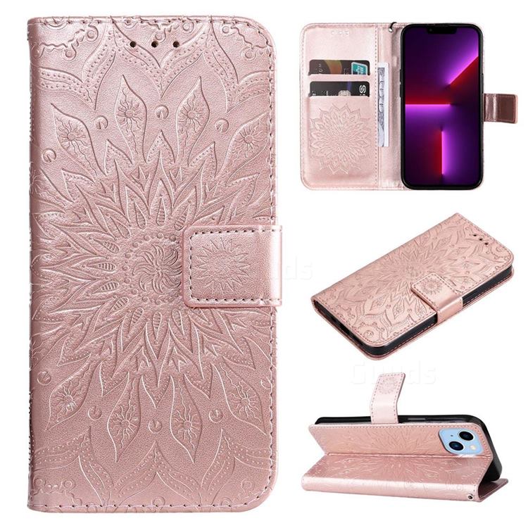 Embossing Sunflower Leather Wallet Case for iPhone 14 Max (6.7 inch) - Rose Gold