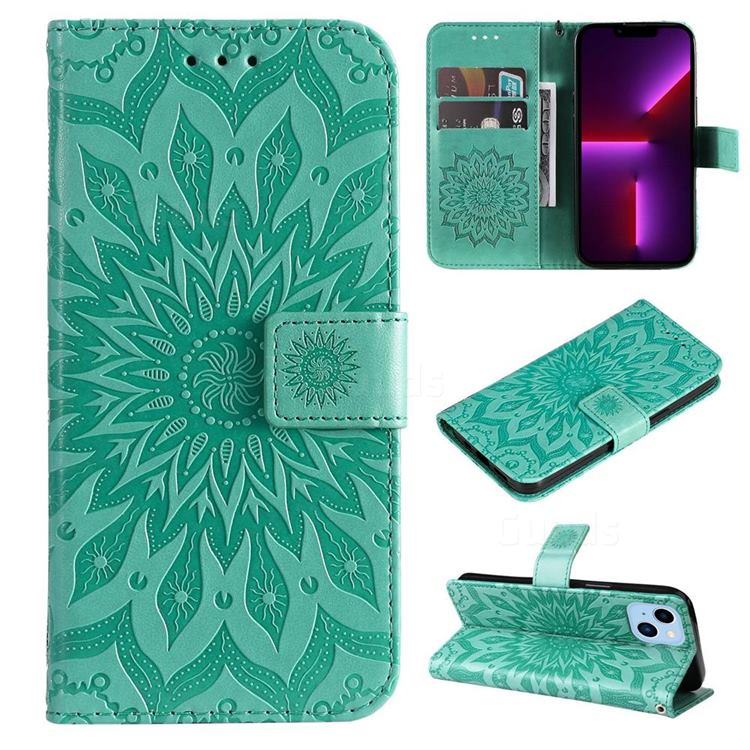 Embossing Sunflower Leather Wallet Case for iPhone 14 Max (6.7 inch) - Green