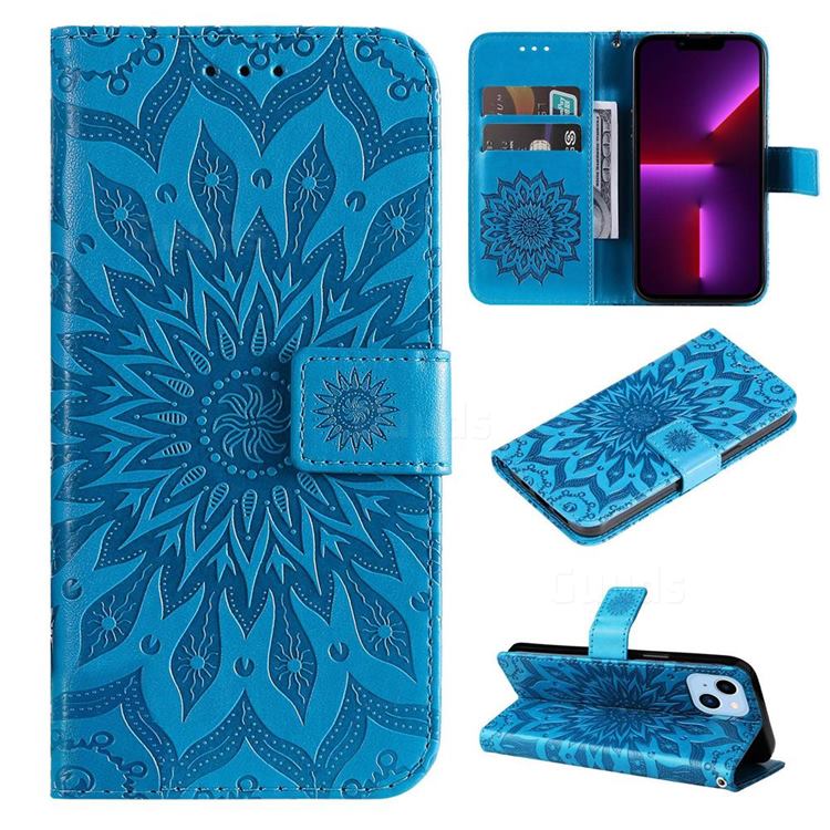 Embossing Sunflower Leather Wallet Case for iPhone 14 Max (6.7 inch) - Blue