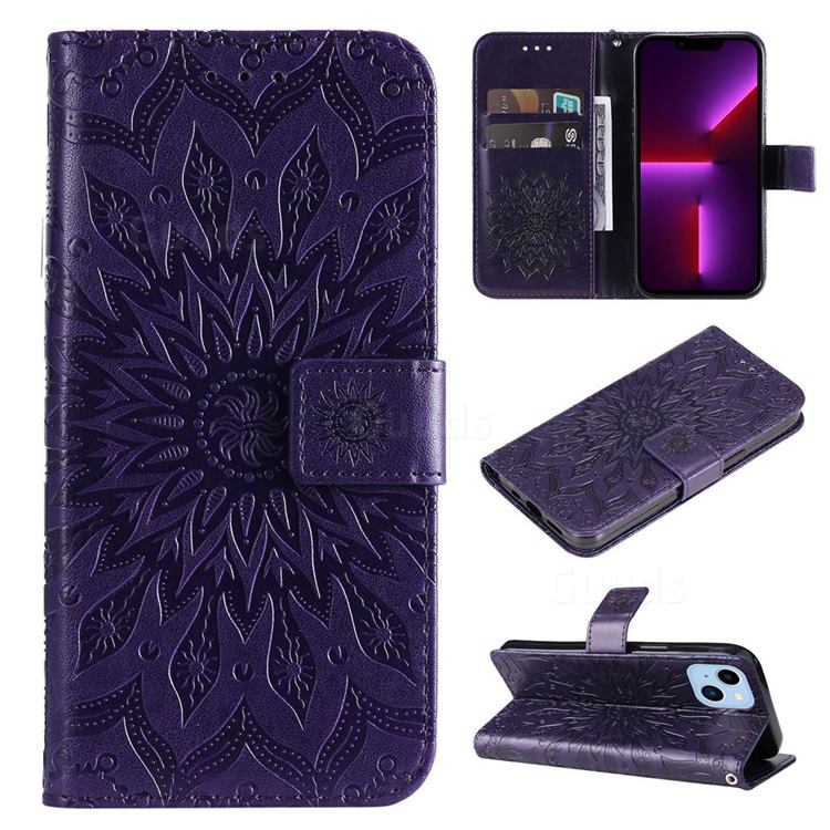 Embossing Sunflower Leather Wallet Case for iPhone 14 Max (6.7 inch) - Purple