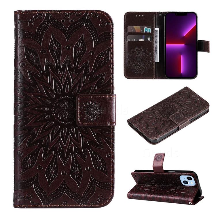 Embossing Sunflower Leather Wallet Case for iPhone 14 Max (6.7 inch) - Brown